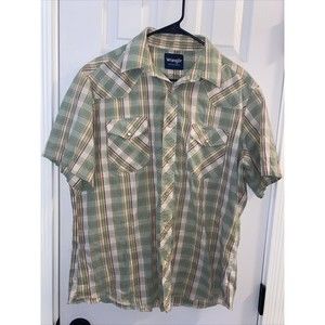 Wrangler Western Shirt Pearl Snap Short Sleeve Plaid Green White, Yellow, Red L